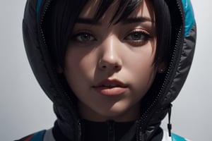 large superimposed Japanese characters ::2 close-up portrait of a beautiful woman with short blue hair, wearing a plastic Nike jacket, in cyberpunk style, with a dark gray background style raw,Masterpiece