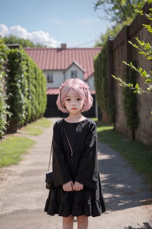 A little girl aged 5-8, with a dreamy background scene, black clothes, light pink hair