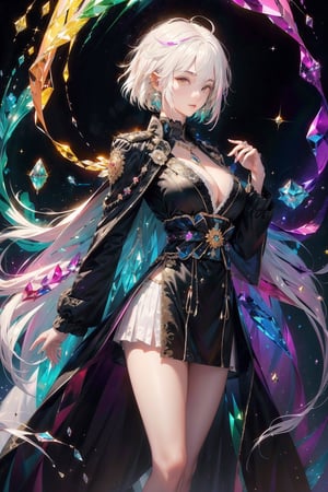 ((Made from crystals)),large superimposed Japanese characters ::2 portrait,dynamic,fractal,flowing,wearing black tops with large ((colorful))trench coat,((crystal like)), beautiful,curvy,medium breasts,((multicolored one sided white hair:1.2)),Masterpiece,1gir1,crystal4rmor,crystal,YAMATO,niji