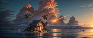 realistic dragon ball kami house in distance,a small island with a small house in the middle of sea,red house,sea iwth mountains on side,clouds makes a dragon,daytime,dragon ball anime,red roof,with palm trees around the house,shenron,green dragon in sky with wiskers,green hige dragon 