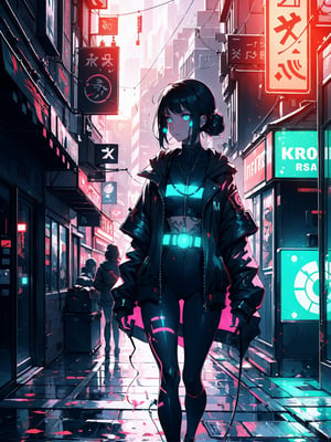In the neon-lit alleyways of the cyberpunk metropolis, she emerged—a silhouette cloaked in the glow of holographic billboards and flickering neon signs. The cityscape reflected in her cybernetic eyes, a blend of augmentation and rebellion. Wires intertwined with her futuristic attire, connecting her to the digital underbelly of the urban sprawl. Glowing tattoos traced circuit-like patterns on her skin, pulsating with the beat of the electronic city. A cascade of vibrant colors painted the scene as she navigated through the shadows, a cyberpunk girl in a high-tech labyrinth, where the boundary between humanity and machine blurred in the glow of a dystopian future