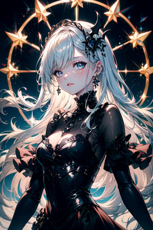 ultra detailed illustration in anime style of a gorgeous vampire woman with iridiscent eyes, pale skin, headdress, gothic victorian dress, lens flare, depth of field, bokeh effect, backlit, stylish, elegant, breathtaking, visually rich, flat lights, flat colors, cel shading, art by best anime studios, by MSchiffer,midjourney