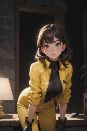 masterpiece,detailed,perfect lighting, 1girl wearing yellow outfit with black striped,bangs,gloves, jacket,sexy,beautiful girl,leaning forward,pretty