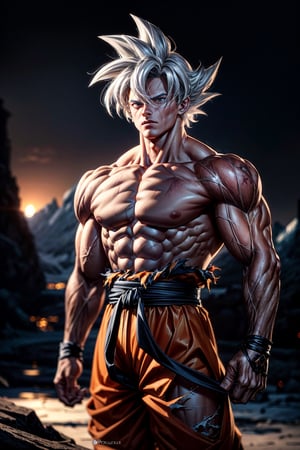 masterpiece, high quality, detailed lighting, son goku, (solo), 1boy, battle damage, (best quality), muscular, blue sky, blurry, blurry background, glacier, male focus, sky, solo, ultra instinct, white hair, torn clothes, (good hands), (masterpiece), anatomy, , son goku,son goku,giant_this_guy