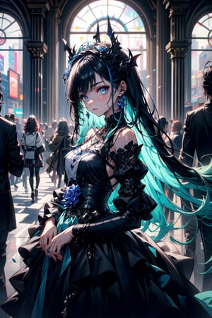 ultra detailed illustration in anime style of a gorgeous vampire woman with iridiscent eyes, pale skin, headdress, gothic victorian dress, lens flare, depth of field, bokeh effect, backlit, stylish, elegant, breathtaking, visually rich, flat lights, flat colors, cel shading, art by best anime studios, by MSchiffer, 32k resolution, best quality, ink lines,