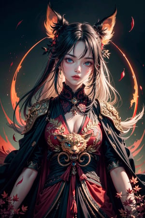 a girl, body covered with red leaves, kitsune, blue glowing eyes, intricately detailed, sakimichan, wlop, loish, intricate artwork masterpiece, ominous, matte painting golden ratio, trending on cgsociety, Bioluminescence, intricate, epic