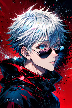 (masterpiece,best quality), 1boy, muscular, sunglasses,hooded cloak, red background,Jujutsu Kaisen, (magazine cover), satoru gojo,white hair,short hair,hair between eyes,blue eyes,colored eyelashes,magazine cover