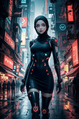 beautiful girl,wearing hijab,futuristic,cyberpunk,from future,action,elegance,beauty,glowing eyes,lights