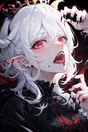 close up portrait of a vampire girl,detailed black crown on her head,white hair flowning,red background,showing her vampire fangs,sharp nails,big crown,fangs