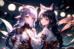 2girls,Highly detailed, High Quality, Masterpiece, beautiful, ,1girl(yae miko, pink eyes, long hair, pink hair, animal ears),1girl(Raiden_Shogun_\(genshin impact\), Raiden_Shogun:1.2, blue hair, long hair,2girls,yaemikodef,raidenshogundef