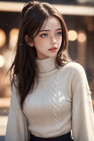 Generate hyper realistic image of a beautiful woman with blue eyes and brown hair, wearing a warm sweater and a stylish turtleneck. Her upper body is depicted with realistic details, showcasing the subtle charm of parted lips and a hint of freckles. The scene captures the essence of a cozy winter day, with her hair slightly messy, giving a touch of natural elegance.cinematic lights,aesthetic,1 girl, getting high while dancing,egyptian arabian,cleopetra,magical beauty,film grain,particles,beautiful,alluring,intricately detailed,skimpy