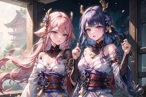 2girls,Highly detailed, High Quality, Masterpiece, beautiful, ,1girl(yae miko, pink eyes, long hair, pink hair, animal ears),1girl(Raiden_Shogun_\(genshin impact\), Raiden_Shogun:1.2, blue hair, long hair,2girls,yaemikodef,raidenshogundef