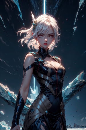 1girl, detailed dress, long white hair,glowing eyes,blue ice in background, hair ornament,icy glacier breaking and flying, lightning,shenhedef,1 girl