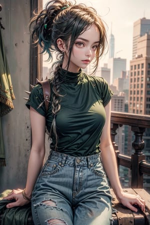 Masterpiece, Detailed,1girl,wearing green shirt, denim, pants torn,shot ponytail, spikey hair,Niji Kei