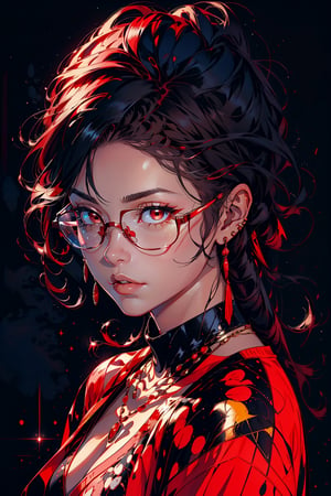 1girl, solo, long hair,oil painting, impasto, looking at viewer, black hair, jewelry,sweater,red eyes,close,earrings, lips,brown skin, necklace,hunter eyes,sharp eyes,glitter,shiny,flirty gaze,lips,red background,circlet,(red glasses,red contrast),masterpiece,beautyniji,nijistyle,niji