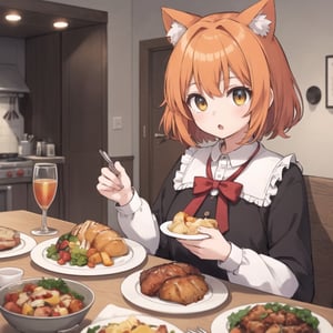 1girl holding a turkey in a plate, cozy dinner room, catgirl, orange hair,( :O:1.4)