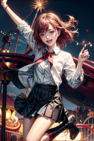 soft lighting, scenic background, carnival, roller coasters, gekkoukan high school uniform, white button up shirt, black pleated skirt, boots, red hair over on eye, excited happy expression, hearts