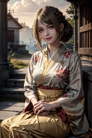 masterpiece, dynamic lighting, dark golden hair, medium breasts, seductive smile, 1girl, photograph of a girl, age 23, beautiful hairstyle, sharp eyes, long hair, sharp face, wearing a ((transparent)) kimono, detailed, beautiful face, sitting, perfect lighting, perfect anatomy, good lighting, golden hour