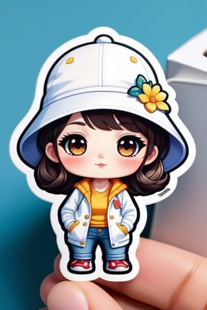 high quality, cute stickers, style cartoon, cute Super Deformed Character, white border, colorful, Detailed illustration of a woman wearing a Helen Kaminski hat with her hands in her pockets, by yukisakura, awesome full color