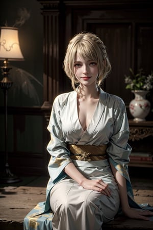 masterpiece, dynamic lighting, volumetric fog,, (RSEEmma:1.5), (blurry background, depth of field), hourglass figure, dark golden hair, medium breasts, seductive smile, 1girl, photograph of a girl, age 23, beautiful hairstyle, sharp eyes, long hair, sharp face, wearing a ((transparent)) kimono, detailed, beautiful face, sitting, perfect lighting, perfect anatomy, good lighting, golden hour