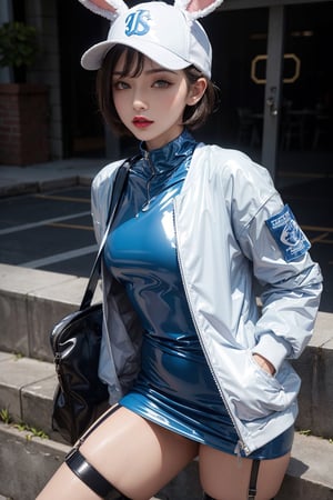 a girl,beautifil,wearing a blue and white latex dress with a white jacket,gloves,neck,thighs,sexy,thigh straps,white garter,baseball cap,bending over,short hair,lipstick,thigh bag,bunny ears,posing for photoshot,seducitve pose