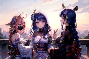 3girls,Highly detailed, High Quality, Masterpiece, beautiful, ,1girl(yae miko, pink eyes, long hair, pink hair, animal ears),1girl(Raiden_Shogun_\(genshin impact\), Raiden_Shogun:1.2, blue hair, long hair, 1girl(kujou_sara\(Genshin Impact\), kujou sara, mask, bangs, mask on head, black hair, blue hair, yellow eyes, short hair),3girls,yaemikodef,kujousaradef,raidenshogundef