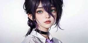 1girl, in a room, purple hair, green eyes, white shirt, day lighting, detailed artwork