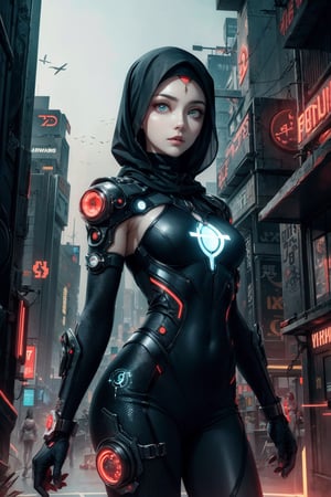 beautiful girl,wearing hijab,futuristic,cyberpunk,from future,action,elegance,beauty,glowing eyes,lights