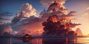 realistic dragon ball kami house in distance,a small island with a small house in the middle of sea,red house,sea iwth mountains on side,clouds makes a dragon,daytime,dragon ball anime,red roof,with palm trees around the house