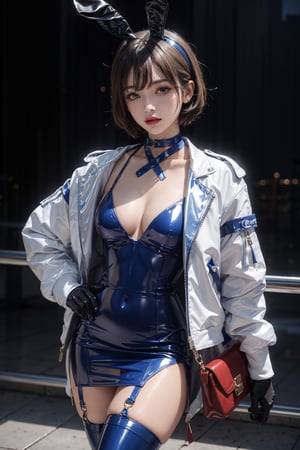 a girlbeautifil,wearing a blue latex dress with a white jacket,gloves,neck,thighs,sexy,thigh straps,white garter,cap,short hair,lipstick,thigh bag,bunny ears