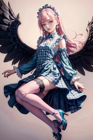 Havoc and Disorder, 1girl, solo, long hair, looking at viewer, blush, bangs, thighhighs, long sleeves, dress, bow, ribbon, jewelry, full body, pink hair, earrings, frills, parted lips, detached sleeves, wings, striped, pink eyes, star (symbol), nail polish, apron, plaid, maid headdress, blue dress, blue bow, frilled dress, striped thighhighs, angel wings, blue footwear, frilled thighhighs, plaid dress
