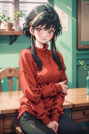 1girl, 27 year old,wearing an red sweater, black hair,red sweater with details, smile, golden details, full sleeved, leggings, jewelery,anime,retro,better_hands,hands