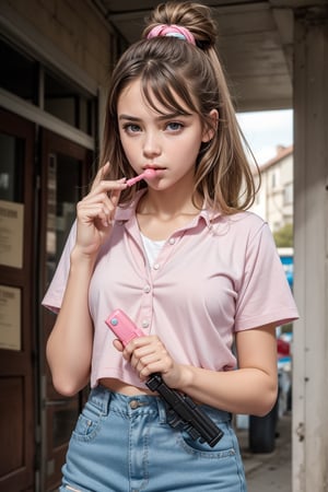 A girl with bubblegum in the mouth and hold a gun