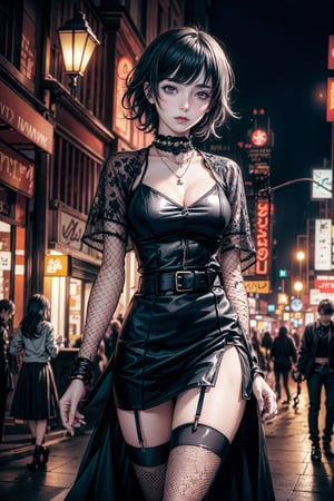(best-quality:0.8), perfect anime illustration,1girl, adult, medium breasts, fishnet stockings, black hair, goth, necklace, multiple belts, city, night, Goth_punk, short hair, wavy hair,