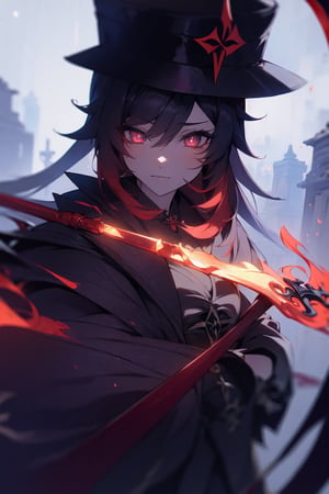 ((the best quality)), (ultra-detailed), ((extremely detailed)), 4K, (8K),Create a grimm reaper with a scythe, scary looking, 1girl,hutaodark mood, lighted by torches.,DarkTheme,xyzabcplanet,hutao_genshin