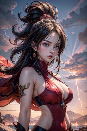 a portrait photography of a stunningly beautiful women, full entire body, massive-breasted, extreem superfit body, stunning realistic photograph, SUPER SAIYAN Kefla from anime Dragon Ball, flying in the sky with Lightning, pale-white-skin, shoulder-length detailed hairstyle, extremely detailed blond color hair, full open red skimpyfighter suit