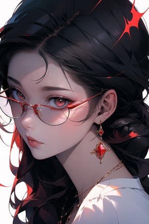 1girl, solo, long hair,oil painting, impasto, looking at viewer, black hair, jewelry,sweater,red eyes,close,earrings, lips,brown skin, necklace,hunter eyes,sharp eyes,glitter,shiny,flirty gaze,lips,white background,circlet,(red glasses,red contrast),masterpiece,beautyniji,nijistyle,niji