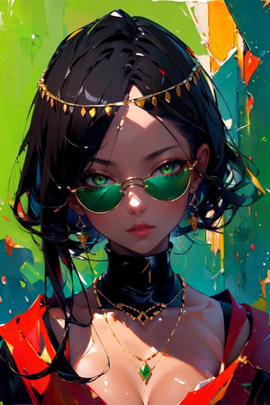 1girl, solo, long hair,oil painting, impasto, looking at viewer, black hair, jewelry, green eyes, short hair,bob cut, earrings, lips, brown skin, necklace, lips,green background,circlet,green glasses,masterpiece,beautyniji,nijistyle,niji,h_impasto