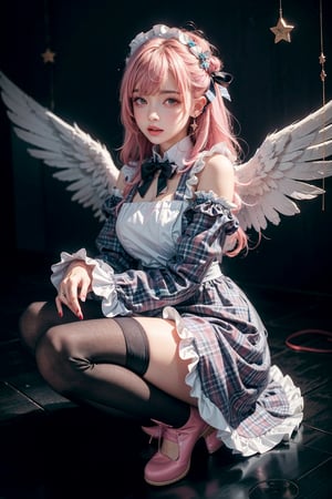 Havoc and Disorder, 1girl, solo, long hair, looking at viewer, blush, bangs, thighhighs, long sleeves, dress, bow, ribbon, jewelry, full body, pink hair, earrings, frills, parted lips, detached sleeves, wings, striped, pink eyes, star (symbol), nail polish, apron, plaid, maid headdress, blue dress, blue bow, frilled dress, striped thighhighs, angel wings, blue footwear, frilled thighhighs, plaid dress
