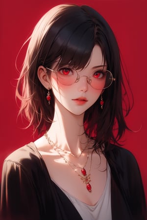 1girl, solo, long hair, oil painting, impasto, looking at viewer, black hair, jewelry, red eyes, short hair, bob cut, earrings, lips, brown skin, necklace, lips, red background, circlet, green glasses, masterpiece, beautyniji, nijistyle, niji