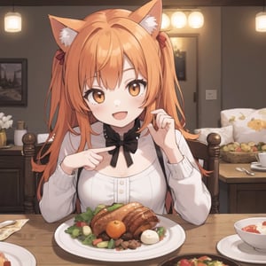 1girl holding a turkey in a plate, cheerful smile, cozy dinner room, catgirl, orange hair,(-_-:1.4)