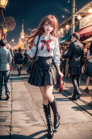soft lighting, scenic background, carnival, roller coasters, gekkoukan high school uniform, white button up shirt, black pleated skirt, boots, red hair over on eye, excited happy expression, hearts