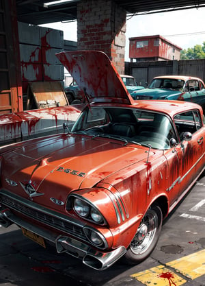 A photo realistic image of a complete rusted, four-door, (((blood red))), (((1958 Plymouth Fury))) in an old garage full of tools, night, focus on the intricate details of its faded paint job, the wear and tear on the tires, and the aged textures of the metal body. Use the multi-prompt "car::photorealistic::rust" with a prompt weighting of "rust" to emphasize the aged textures and worn out look of the car, car,photo r3al