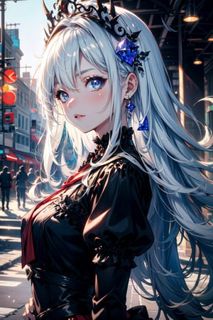 ultra detailed illustration in anime style of a gorgeous vampire woman with iridiscent eyes, pale skin, headdress, gothic victorian dress, lens flare, depth of field, bokeh effect, backlit, stylish, elegant, breathtaking, visually rich, flat lights, flat colors, cel shading, art by best anime studios, by MSchiffer,midjourney
