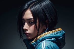 large superimposed Japanese characters ::2 close-up portrait of a beautiful woman with short blue hair, wearing a plastic Nike jacket, in cyberpunk style, with a dark gray background style raw,Masterpiece,1gir1