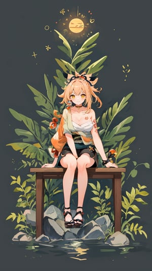 shenhe(genshin impact), bare shoulders, 1girl,  yellow eyes, hair ornament,high heels, shorts, solo,orange hair, large breasts, legs, simple background, skirt, long hair, looking at viewer,masterpiece, best quality,smile to viewer ,autumn,yellow leaf
,cartoon,col,dynamic,Graffiti,sitting on the rock under the tree,	 SILHOUETTE LIGHT ,bule sky,PARTICLES,form behind ,yoimiyadef,phgls,phgls, in container, submerged,bottle on the desk,bottle,yoimiya(genshin impact),yoimiyarnd,in container,smile to viewer,open mouse,