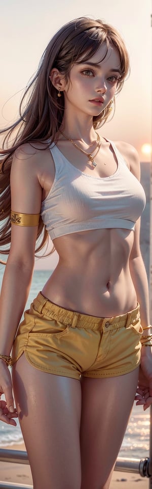 a woman in a white top and pink shorts is standing next to a bike with a yellow background and, 1girl, bracelet, brown_hair, jewelry, letterboxed,sfw_nudity, lips, long_hair, makeup, medium_breasts, midriff, nail_polish, navel, necklace, nose,(almost_naked), orange_sky, pink_shorts, realistic, shorts, solo, sun, sunset, tattoo,wristband, yellow_background, yellow_sky, beautiful detailed glow, detailed, Cinematic light, intricate detail, highres, detailed facial features, high detail, sharp focus, smooth, aesthetic, extremely detailed, stamp, octane render,sfw_nudity