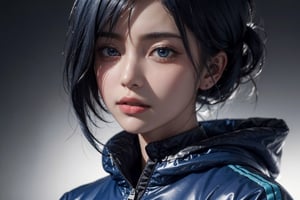 large superimposed Japanese characters ::2 close-up portrait of a beautiful woman with short blue hair, wearing a plastic Nike jacket, in cyberpunk style, with a dark gray background style raw