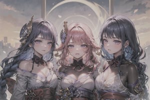 3girls,Highly detailed, High Quality, Masterpiece, beautiful, ,1girl(yae miko, pink eyes, long hair, pink hair, animal ears),1girl(Raiden_Shogun_\(genshin impact\), Raiden_Shogun:1.2, blue hair, long hair, 1girl(kujou_sara\(Genshin Impact\), kujou sara, mask, bangs, mask on head, black hair, blue hair, yellow eyes, short hair),3girls,yaemikodef,kujousaradef,raidenshogundef