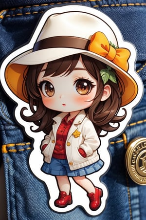 high quality, cute stickers, style cartoon, cute Super Deformed Character, white border, colorful, Detailed illustration of a woman wearing a Helen Kaminski hat with her hands in her pockets, by yukisakura, awesome full color